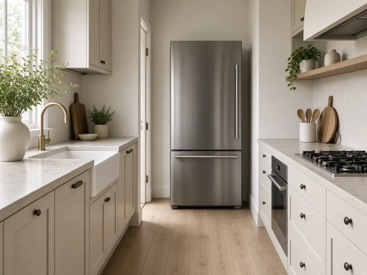 A narrow galley with a fridge door that still leaves a walking path