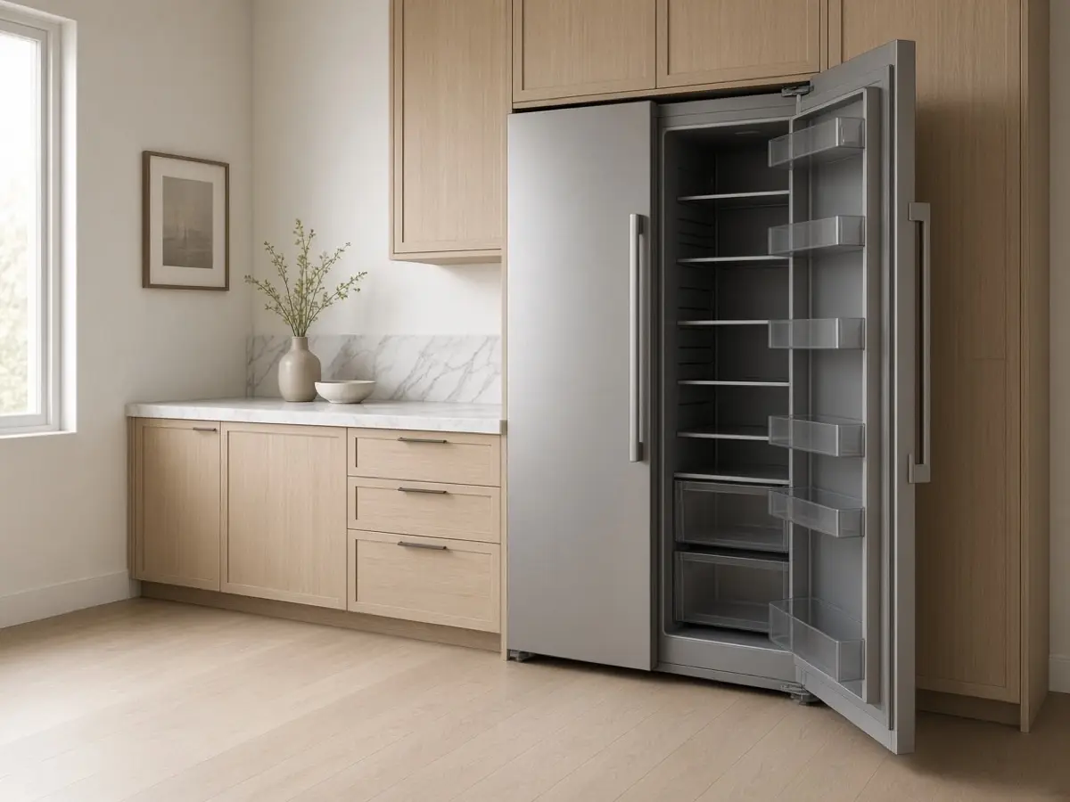 An open refrigerator with clear floor space in front of it