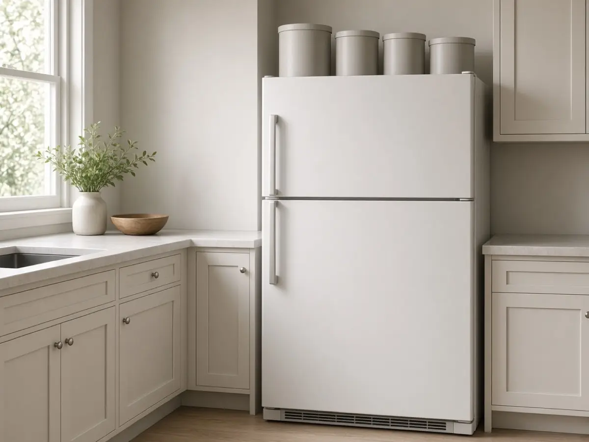 A single row of lidded bins on top of a refrigerator