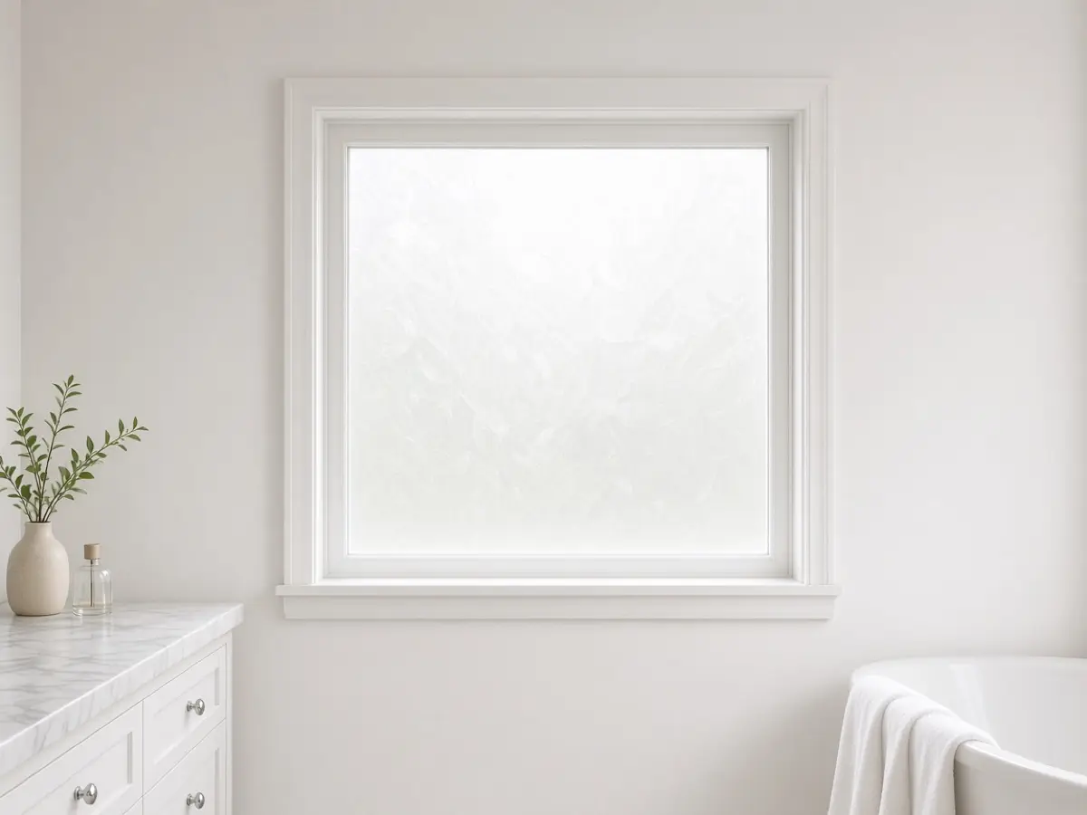 A bathroom window covered in light frosted film, still bright, with no dark blind