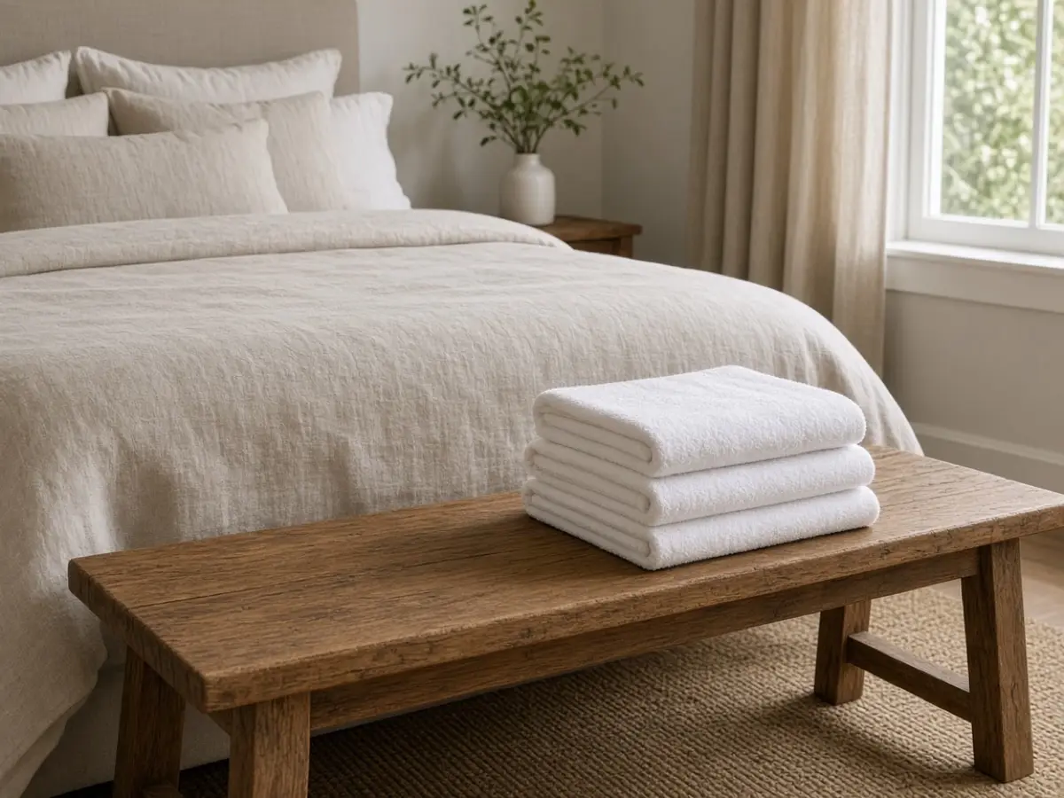 A folded set of guest towels on a bedroom bench, separate from the bed