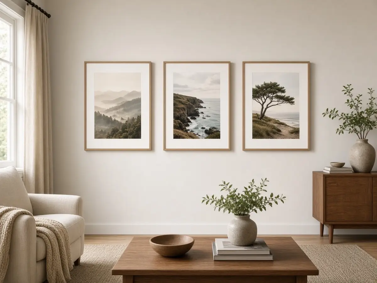 A wall with three frames spaced apart after a crowded gallery was edited