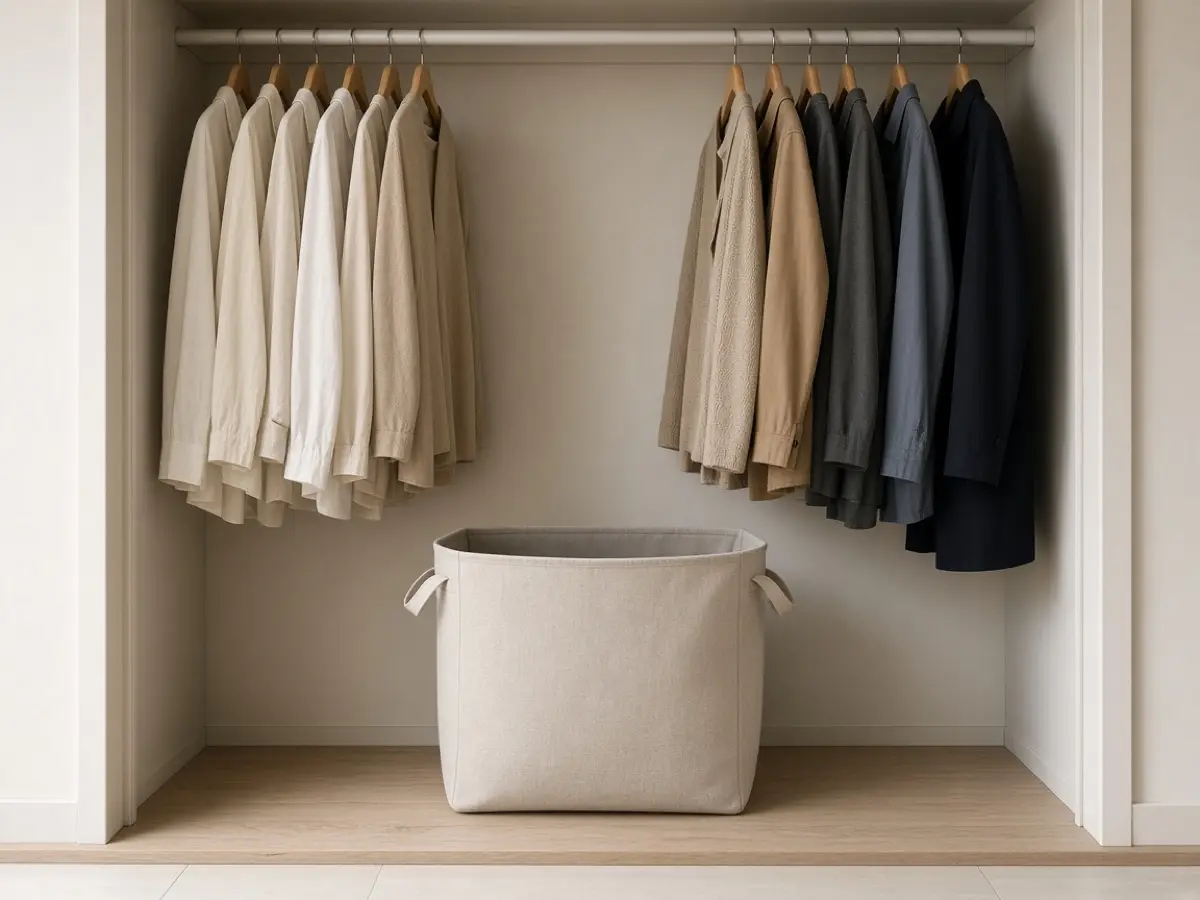 A low fabric hamper with handles standing in a measured gap inside a bedroom closet