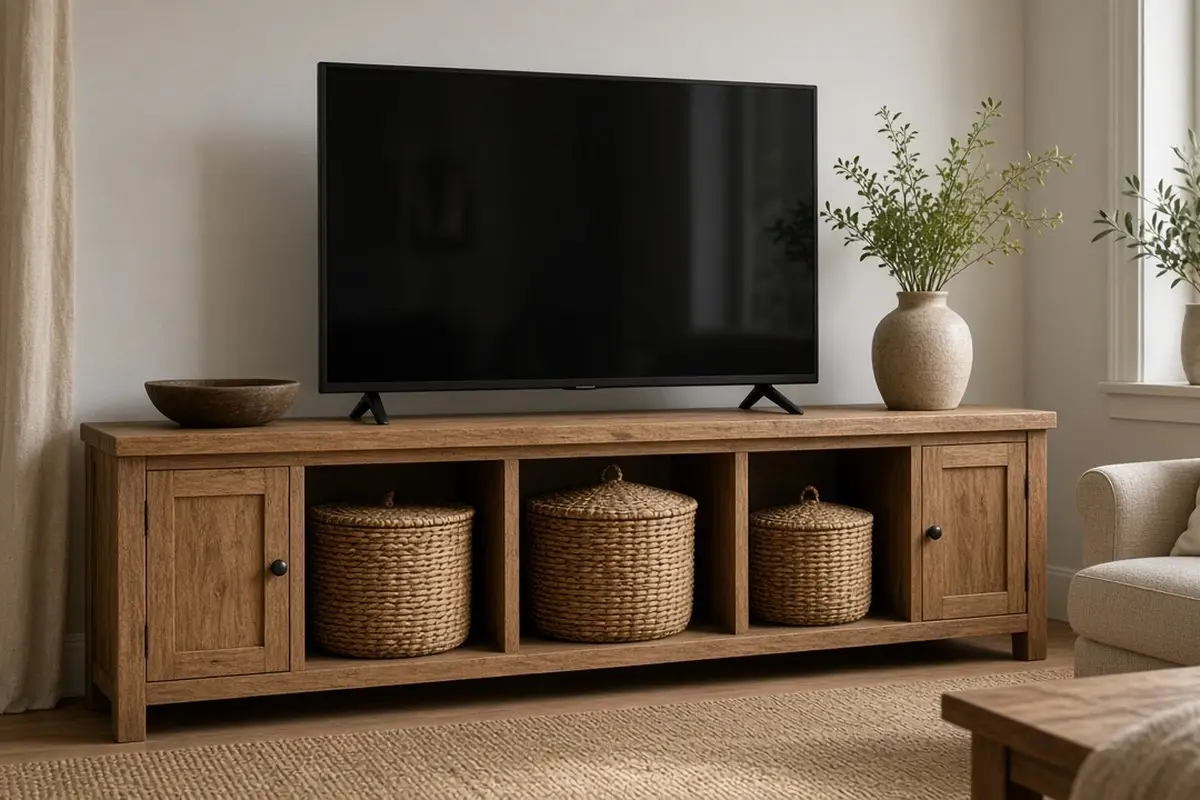 Woven baskets hiding electronics on TV stand shelves
