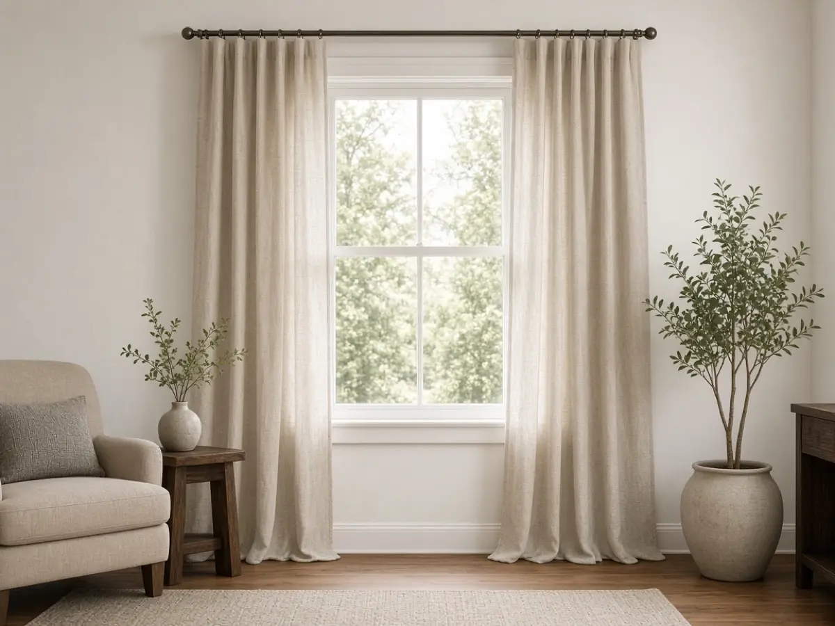 Curtains hung from a rod set several inches above the window trim