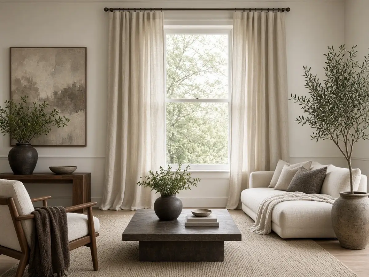 Curtains hung from a rod set above the window on a tall wall