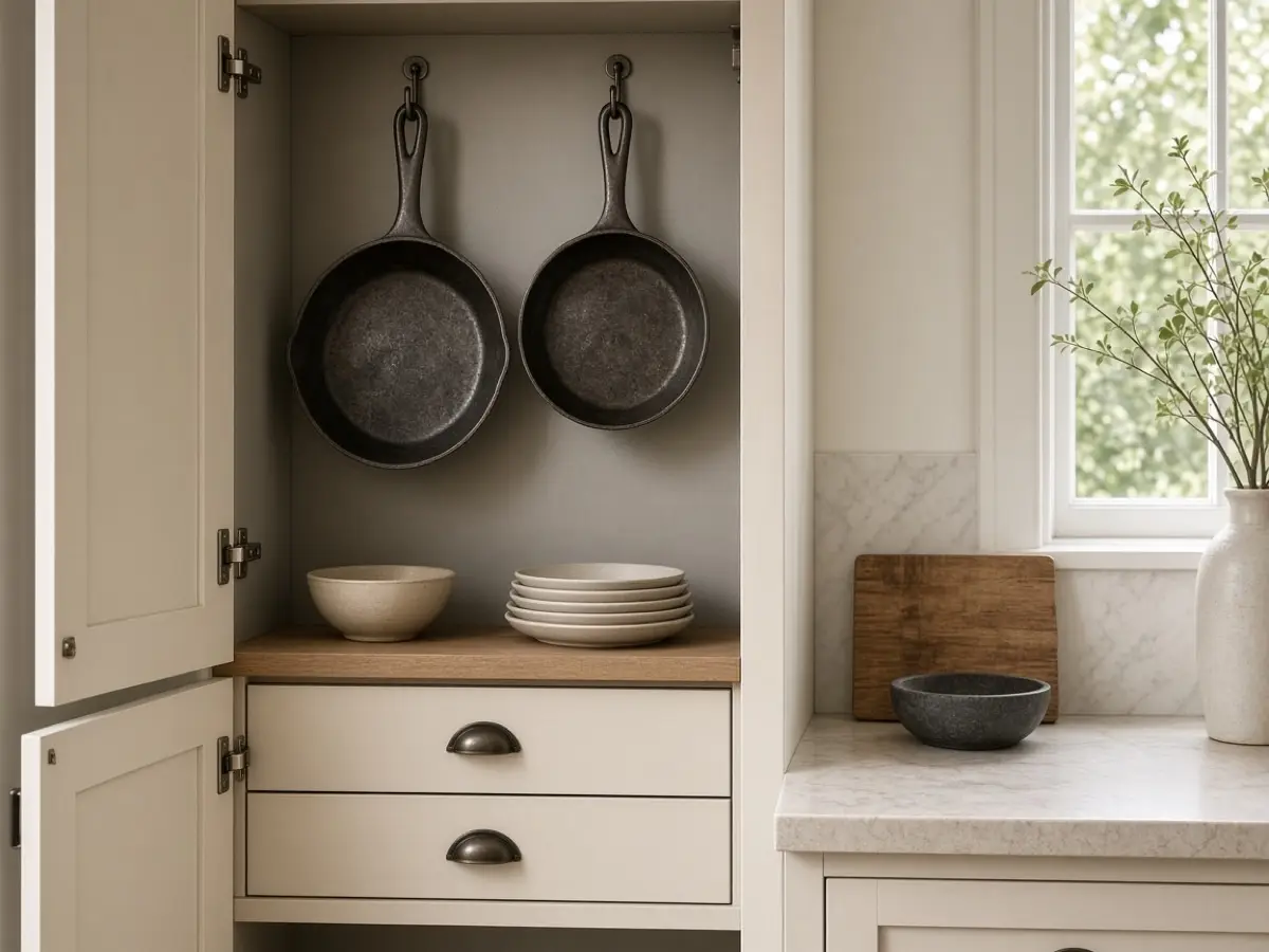 Two skillets hanging from hooks inside a tall cabinet