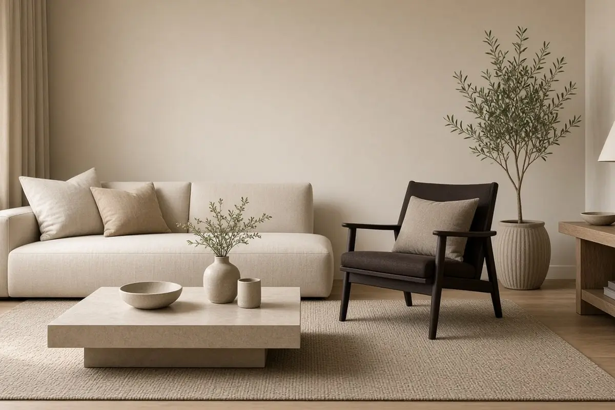 Beige living room with only neutral pieces and one dark accent chair