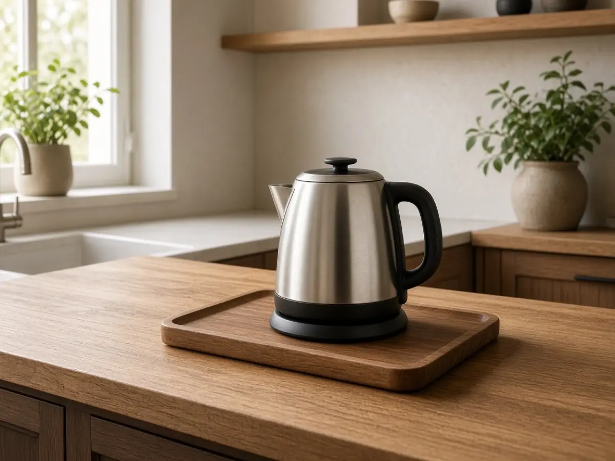 A compact electric kettle on a wood tray, no coffee machine beside it