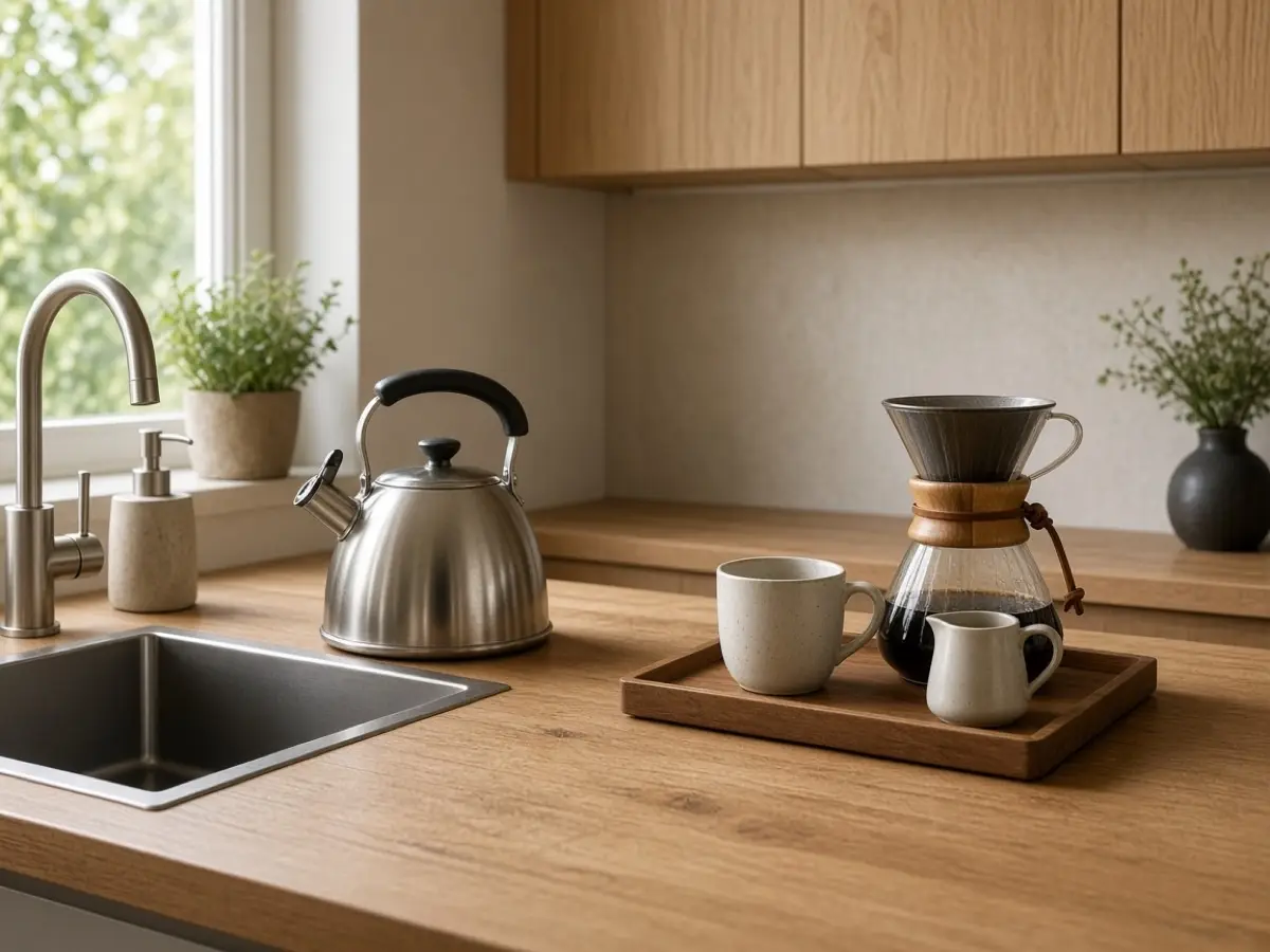 A kettle at the sink and a coffee tray sitting one step away