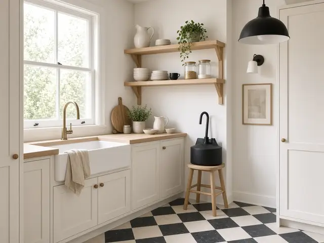 A bright kitchen with a white sink, oak shelves, and a black pendant light