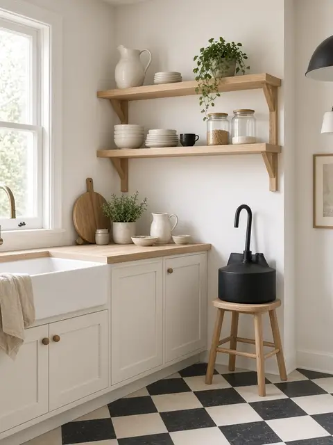 A bright kitchen with a white sink, oak shelves, and a black pendant light