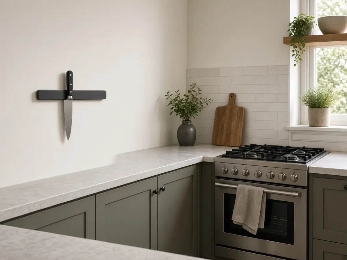 A magnetic knife strip on the side wall, away from the stove