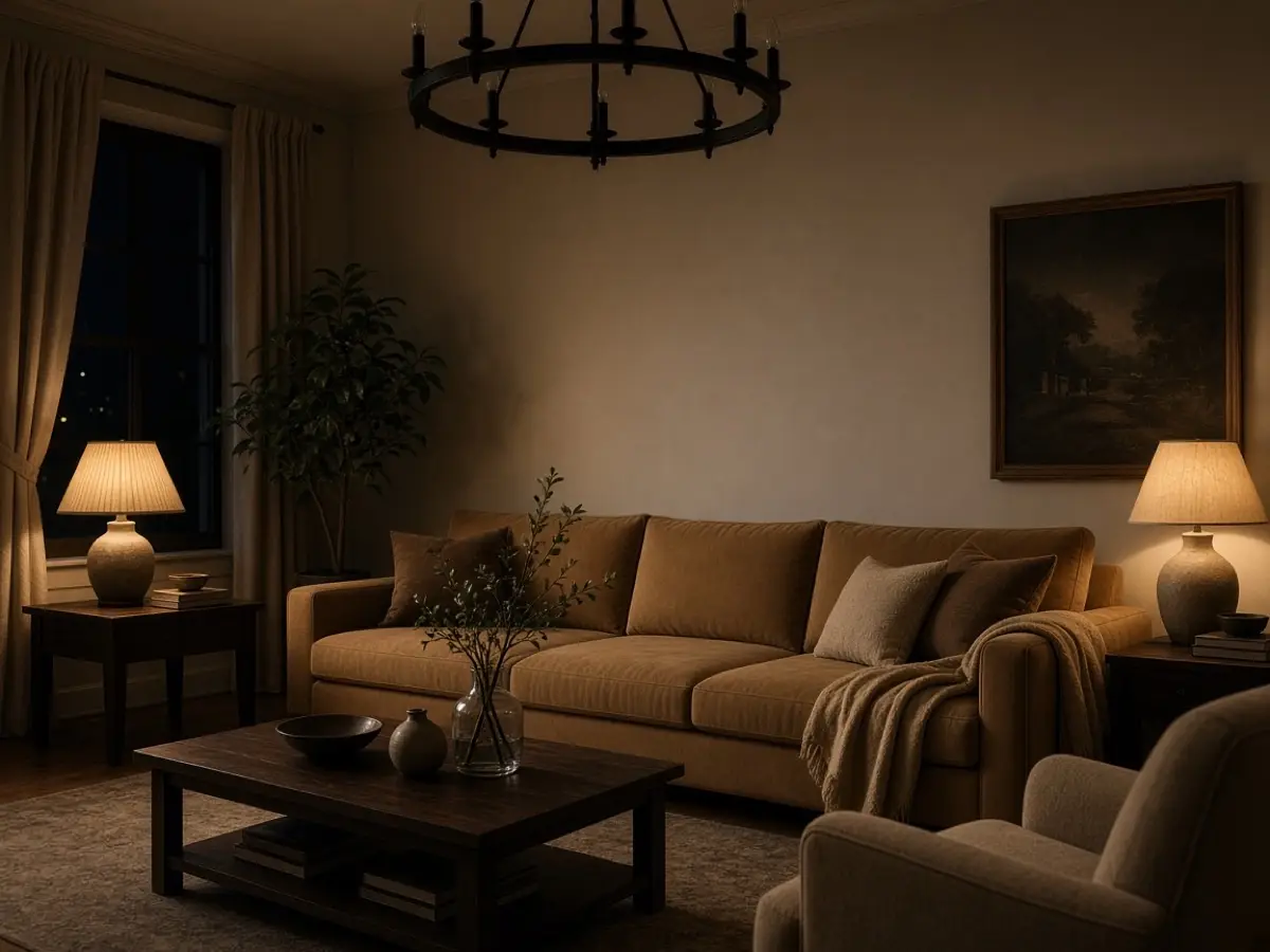 A living room at night with lamps on and the ceiling light off