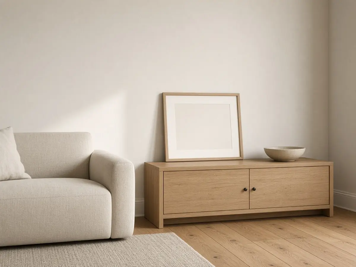 A medium wood frame leaning on a low console under an otherwise quiet sofa wall
