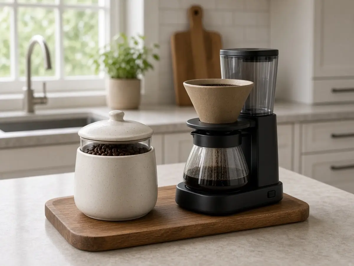 A small lidded canister of coffee beans on a tray beside a compact machine
