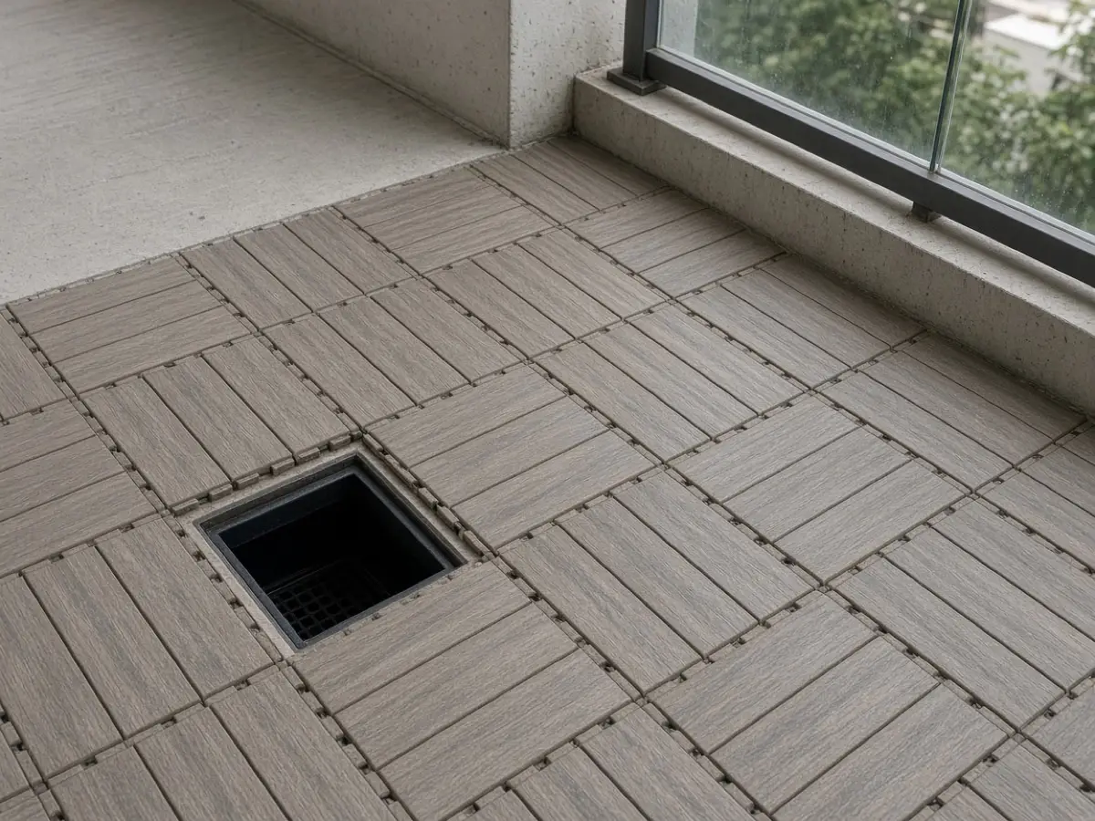 Interlocking outdoor tiles on part of a balcony, drain left clear