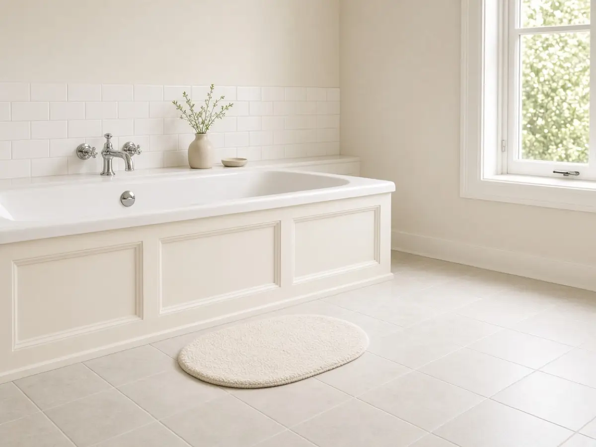 A small pale bath mat in front of a white tub