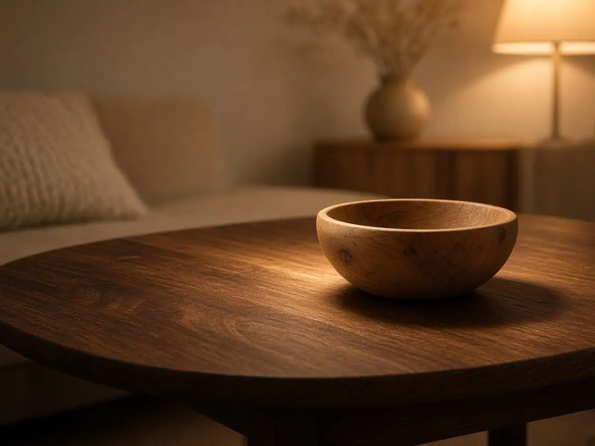 A wood bowl on a coffee table catching a pool of lamp light