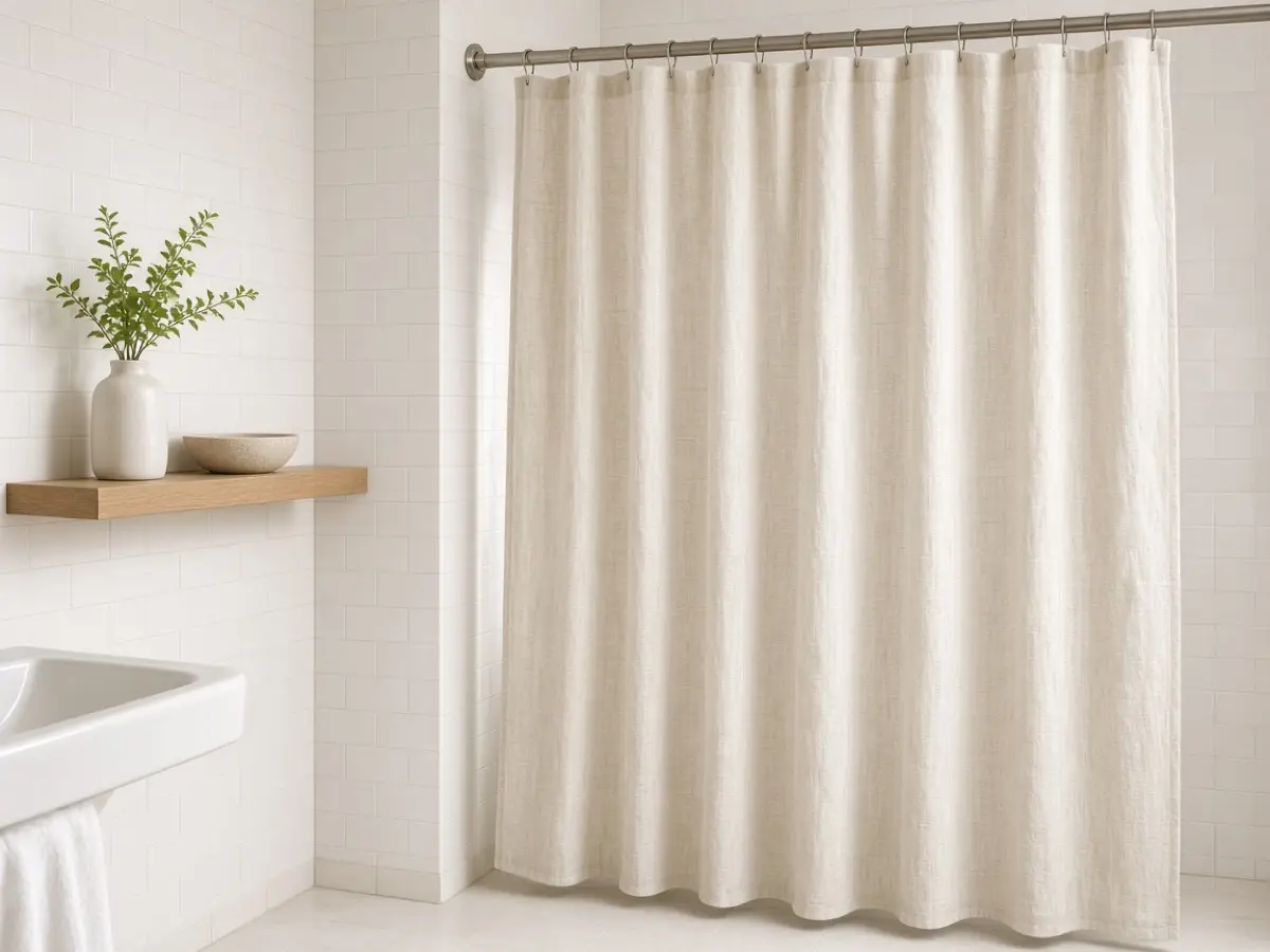 A pale linen-look shower curtain in a small bathroom with white tile
