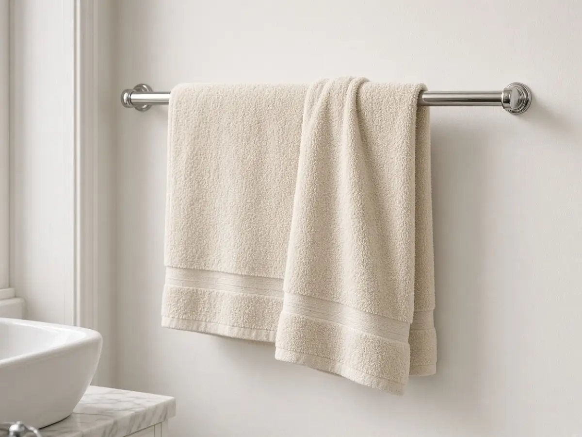 Two cream towels on a simple rod in a small white bathroom