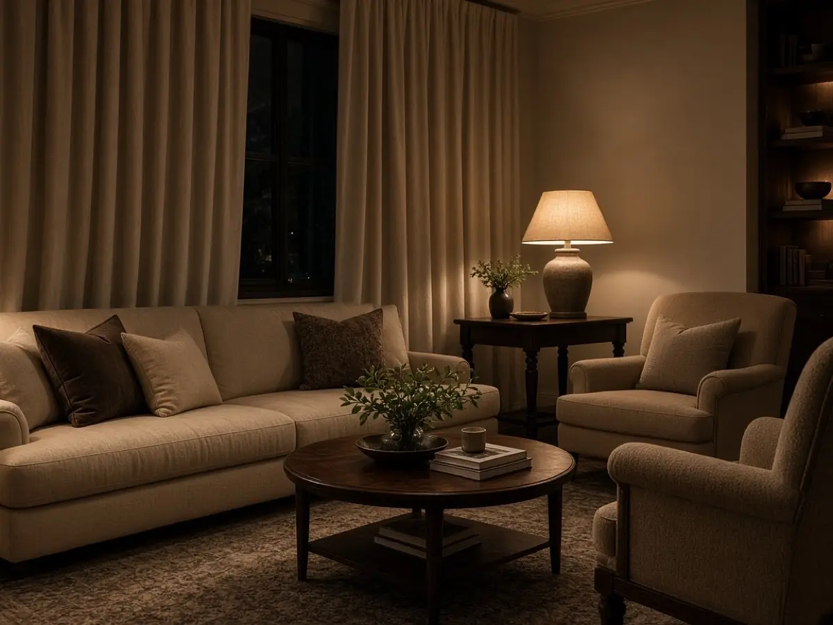 Lined beige curtains closed over a dark window at night