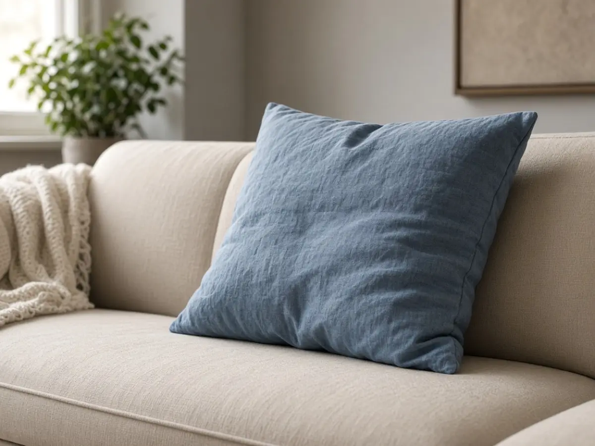 A wrinkled linen blue pillow, not a bright outdoor cushion
