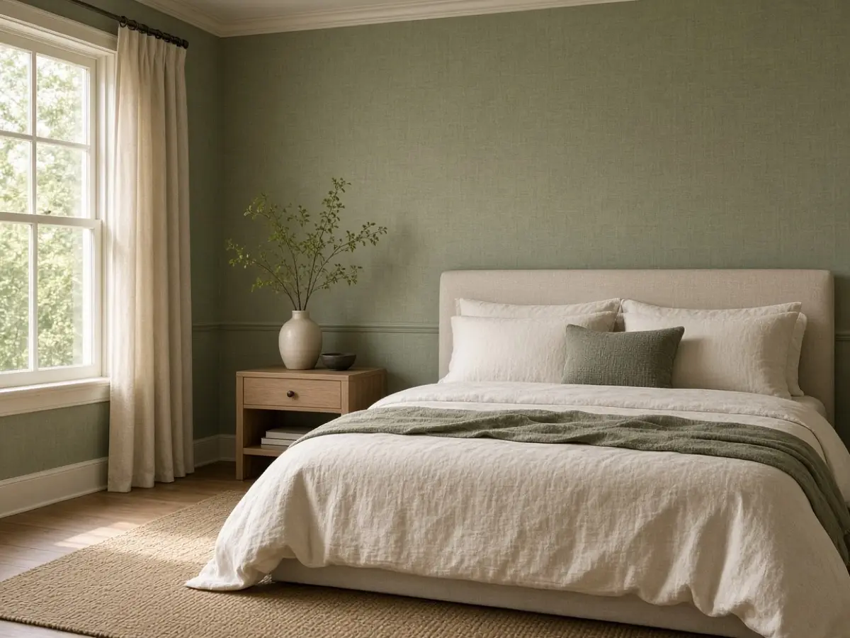 Linen sage walls with cream trim in a quiet bedroom