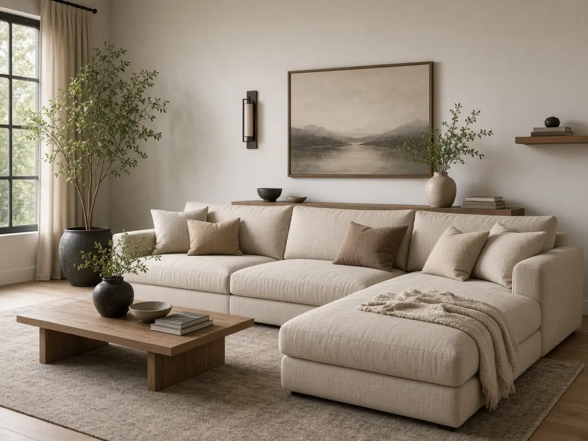 The long side of an L-shaped sofa set against the longer living room wall