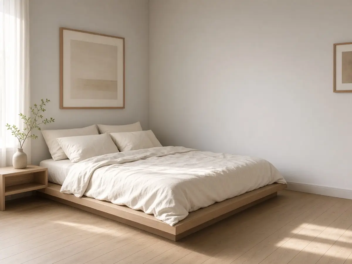 A low platform bed with cream bedding and floor visible beside it