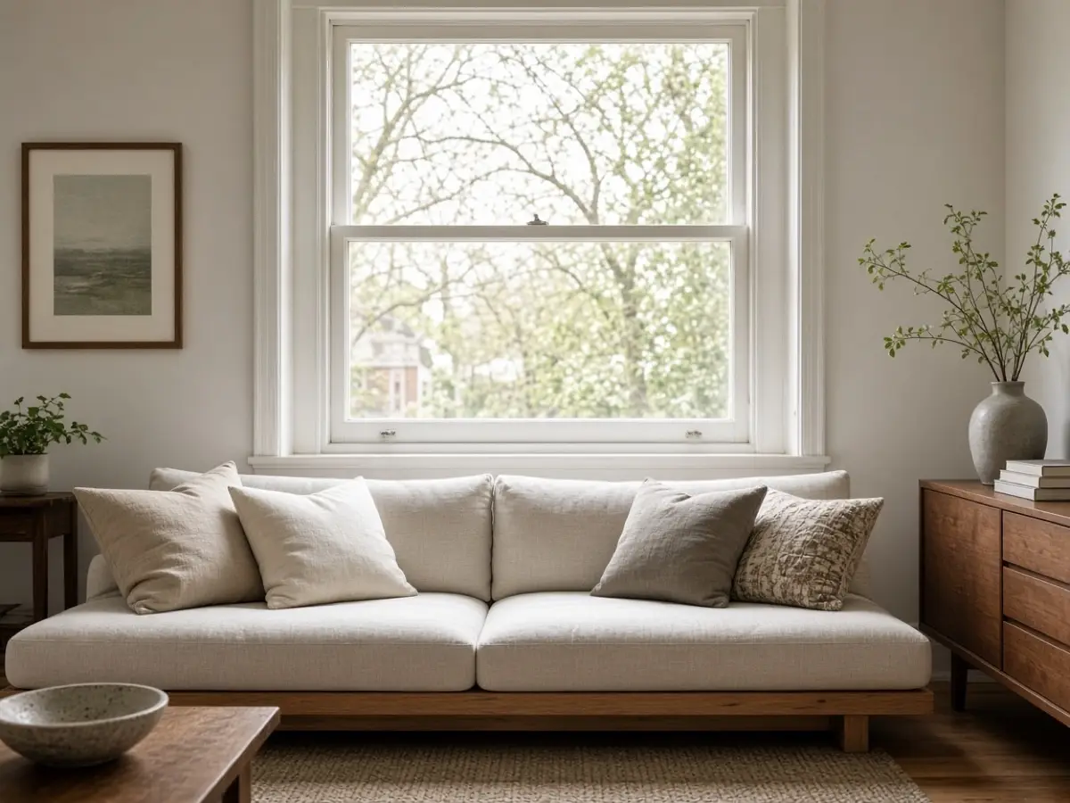 A low sofa back below a bright window in a small apartment