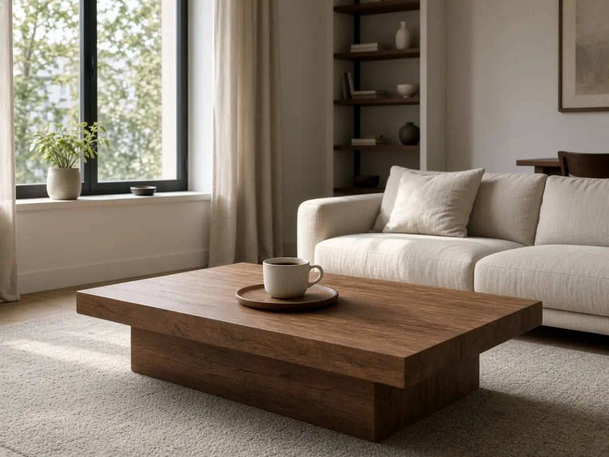A low wood table in a small living room with one cup on a tray