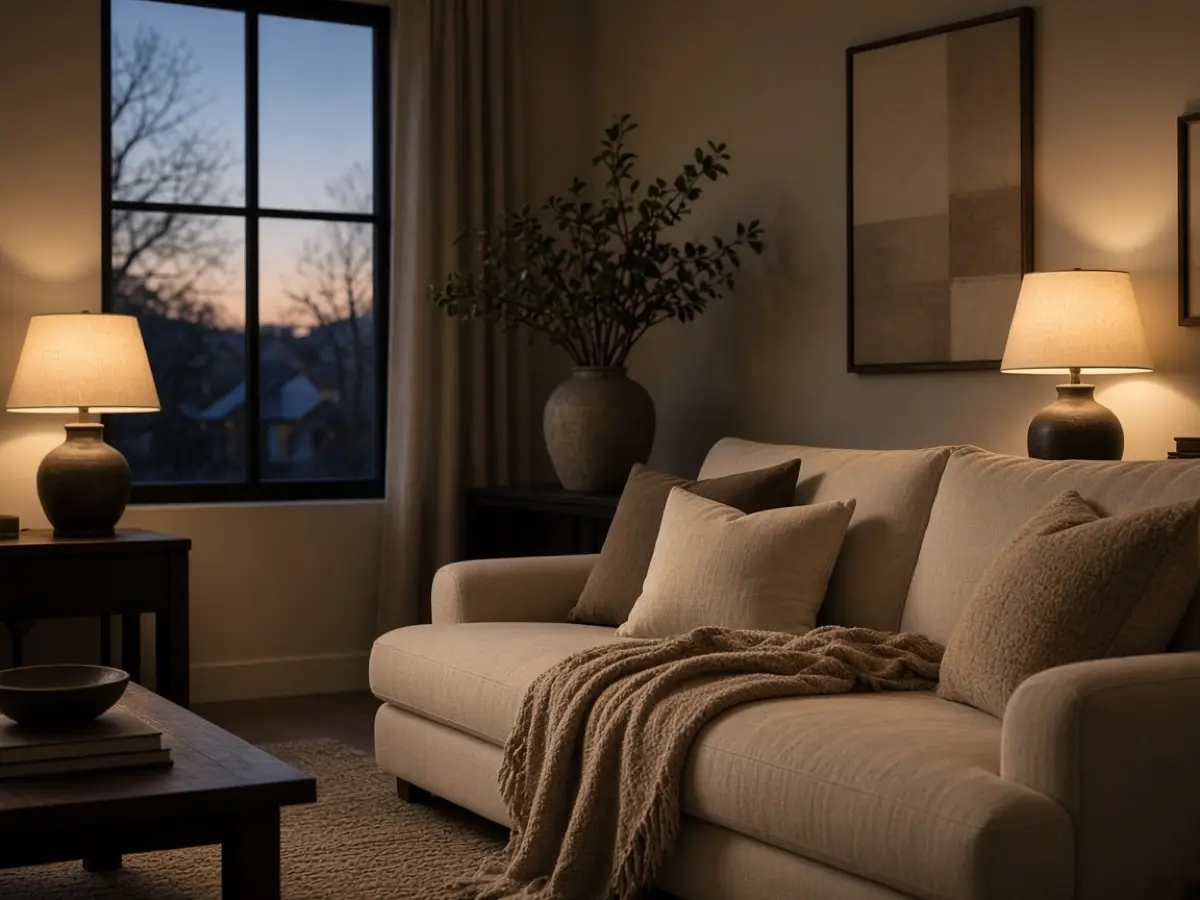 Two warm glowing lamps in a living room at dusk, same color of light