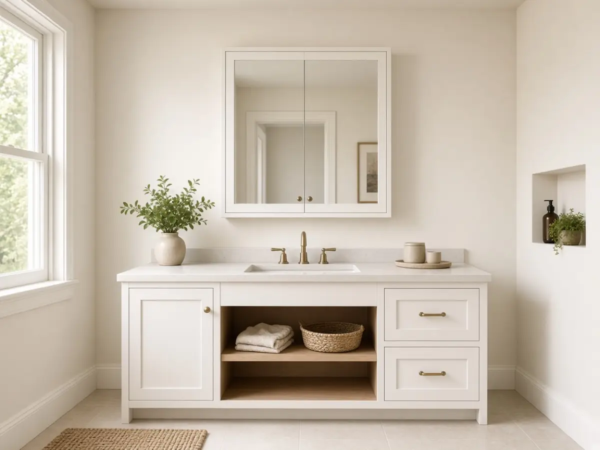 A small bathroom with walls and ceiling painted the same warm off-white