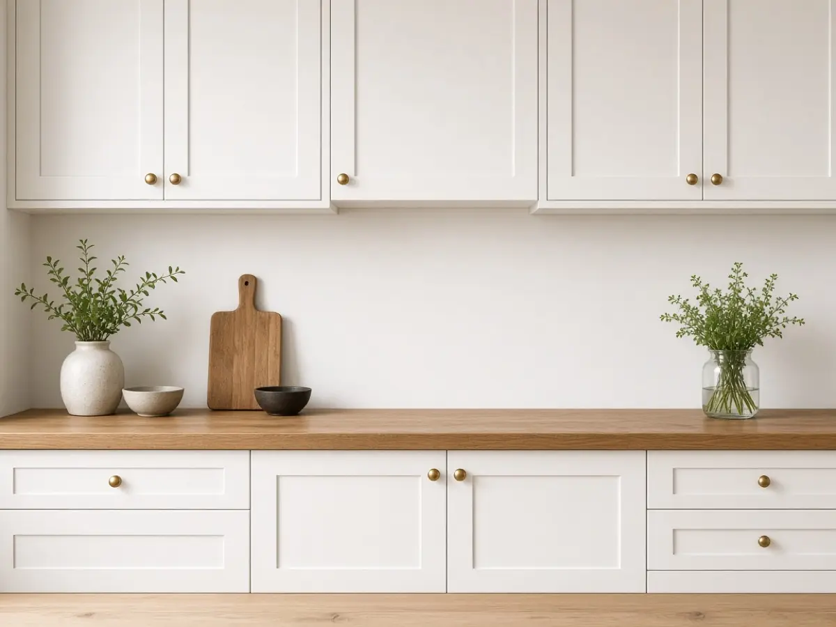 White kitchen cabinets with matching brass knobs and a plain, calm wall behind the counter