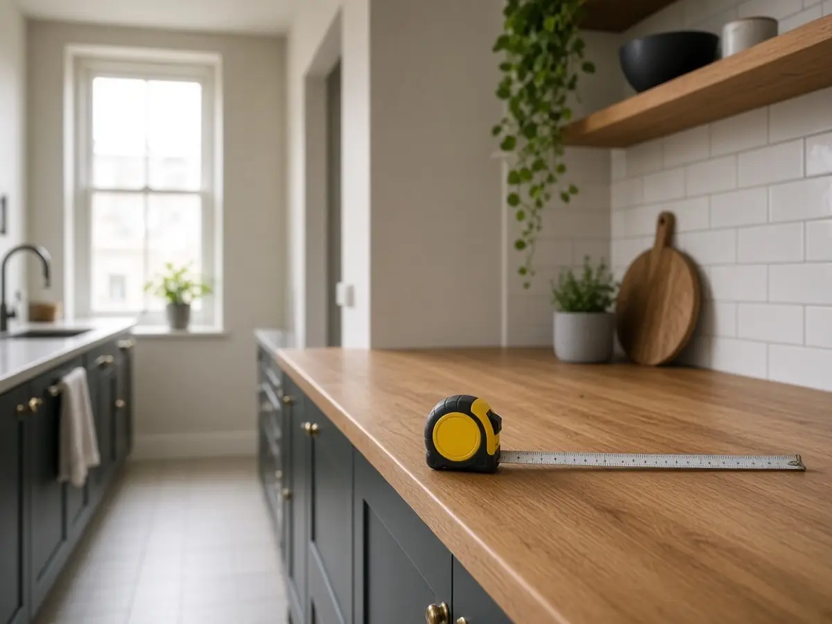 A tape measure along a short clear kitchen counter in a galley