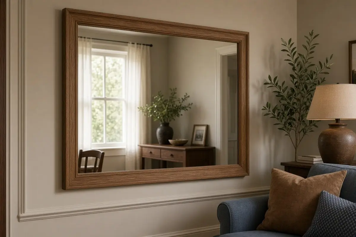 Wood framed mirror on a side wall reflecting north light