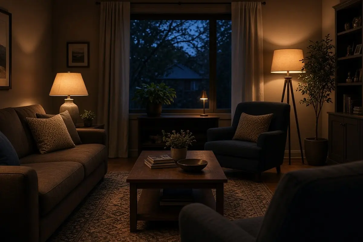 Four warm lamps lighting a brown and blue living room