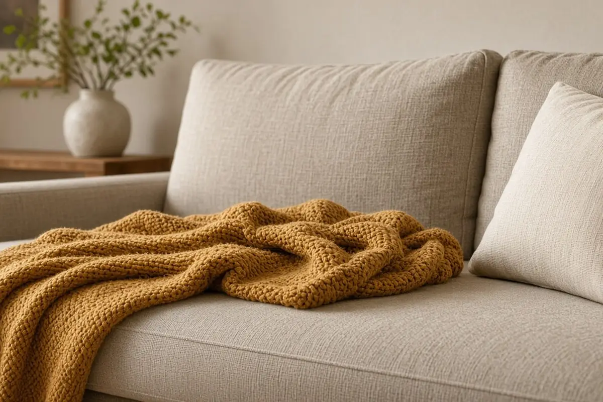 Ochre mustard throw on a beige linen sofa