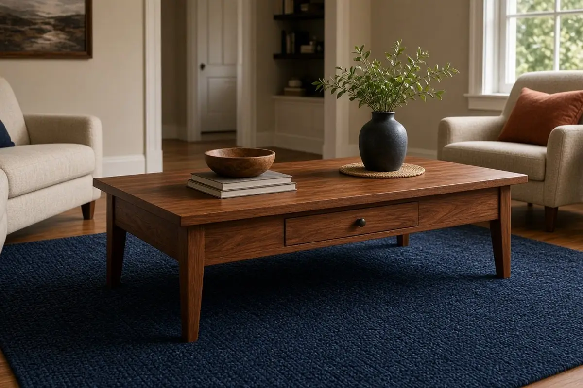 Walnut coffee table on a navy rug