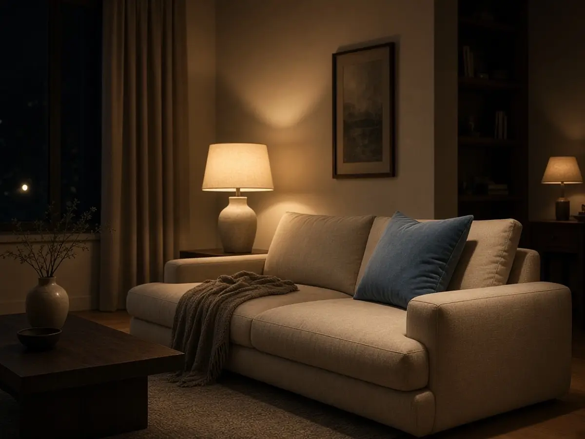 A beige and dusty blue living room lit only by warm lamps at night