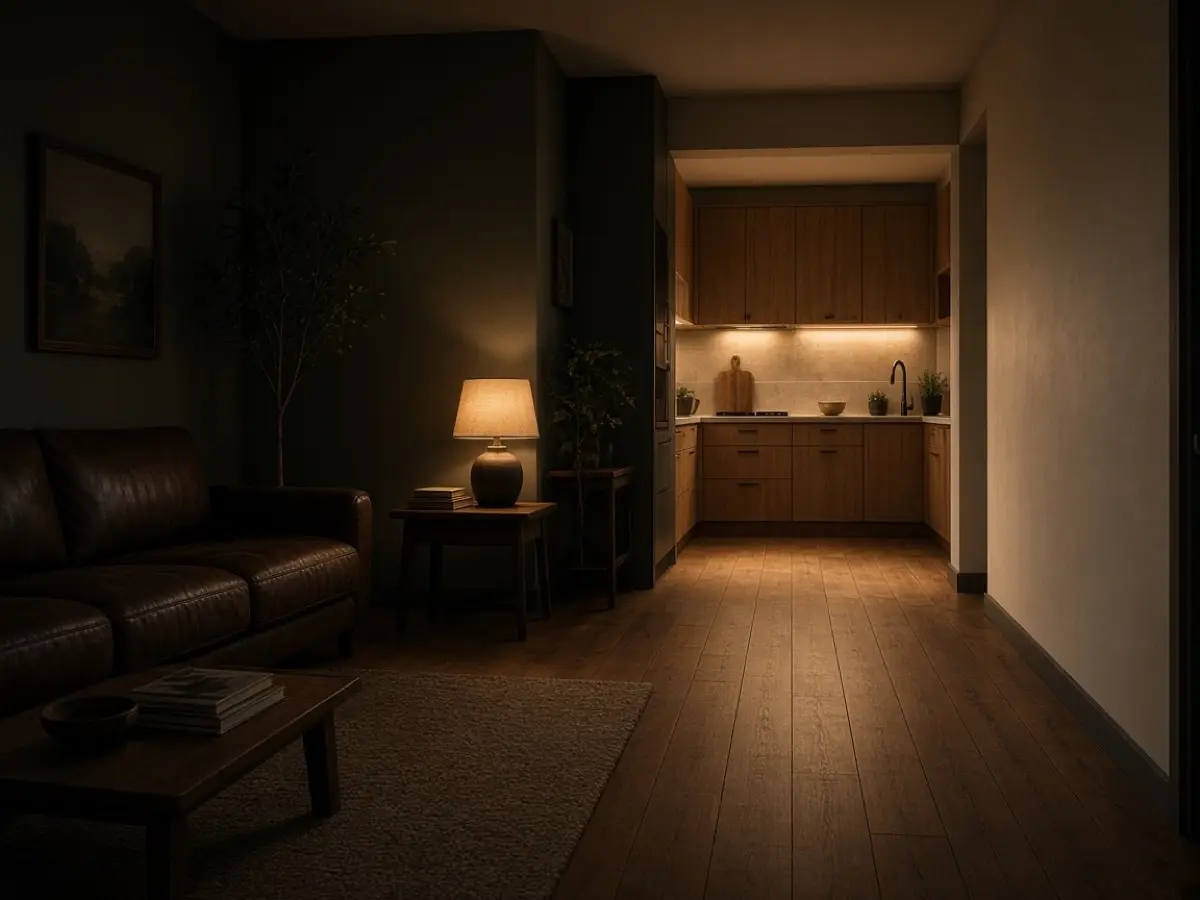 A studio at night with one lamp and a clear path to the kitchen