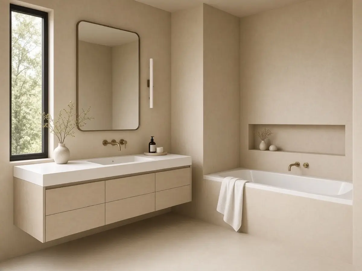 A quiet sand bathroom with no mint or peach, white fixtures calm