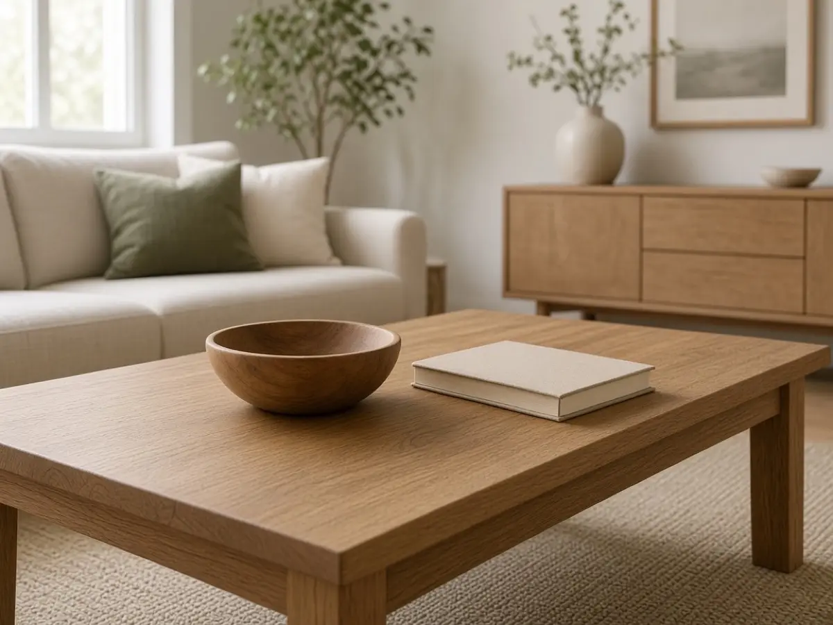 A wood bowl and a plain book on a coffee table, no shells