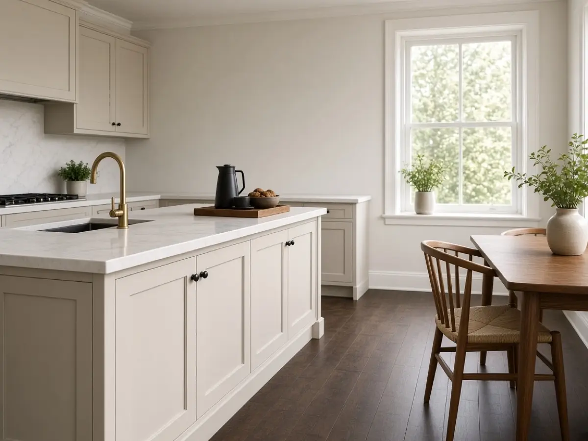 A wide kitchen path with no stool, and a chair at the nearby table