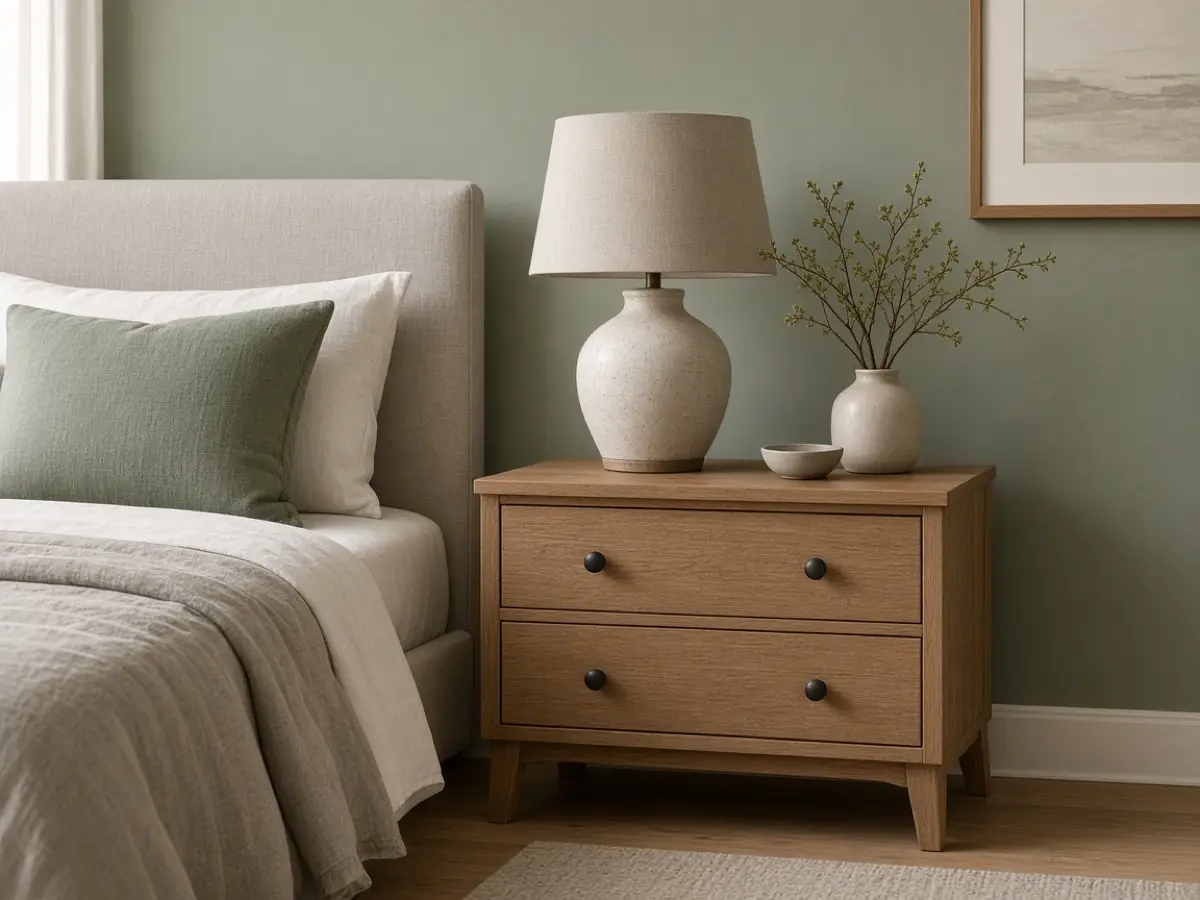 An oak nightstand beside a bed with sage walls