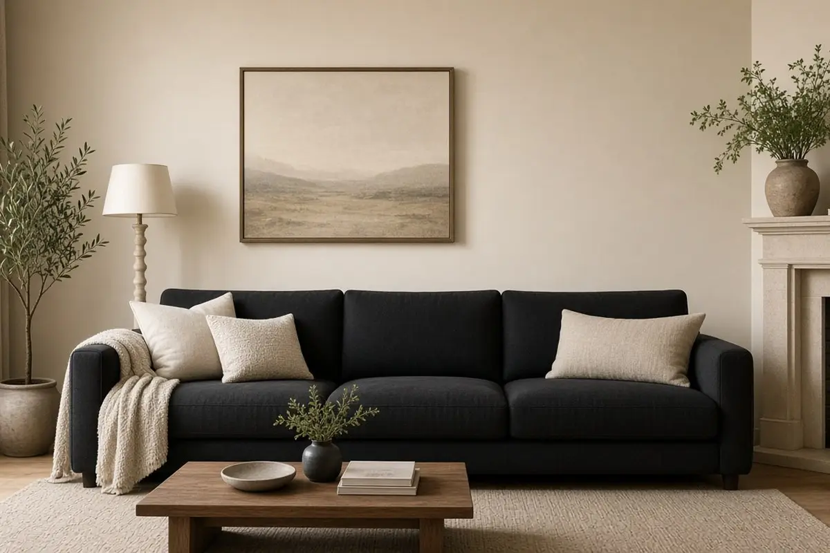 A black sofa anchors an otherwise beige and cream living room