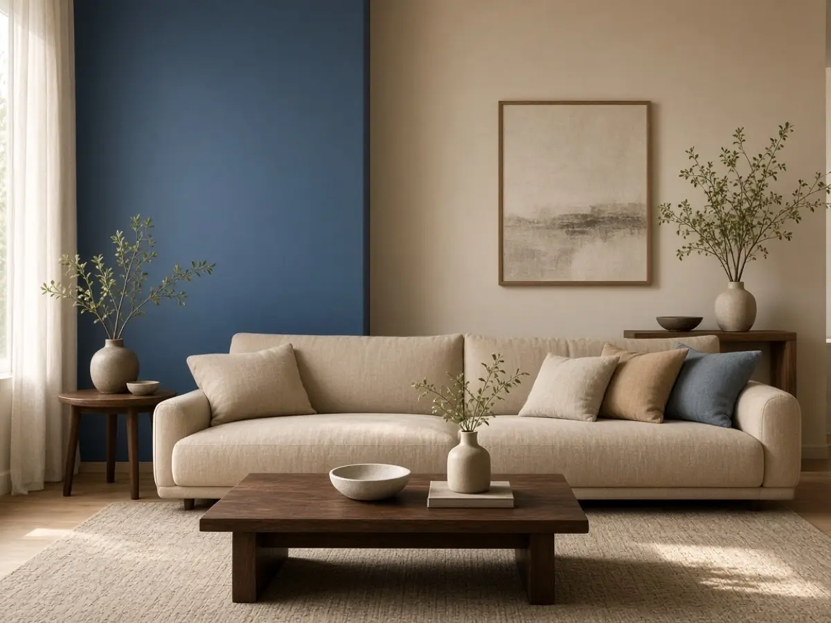One dusty blue wall beside warm beige walls and a sand sofa