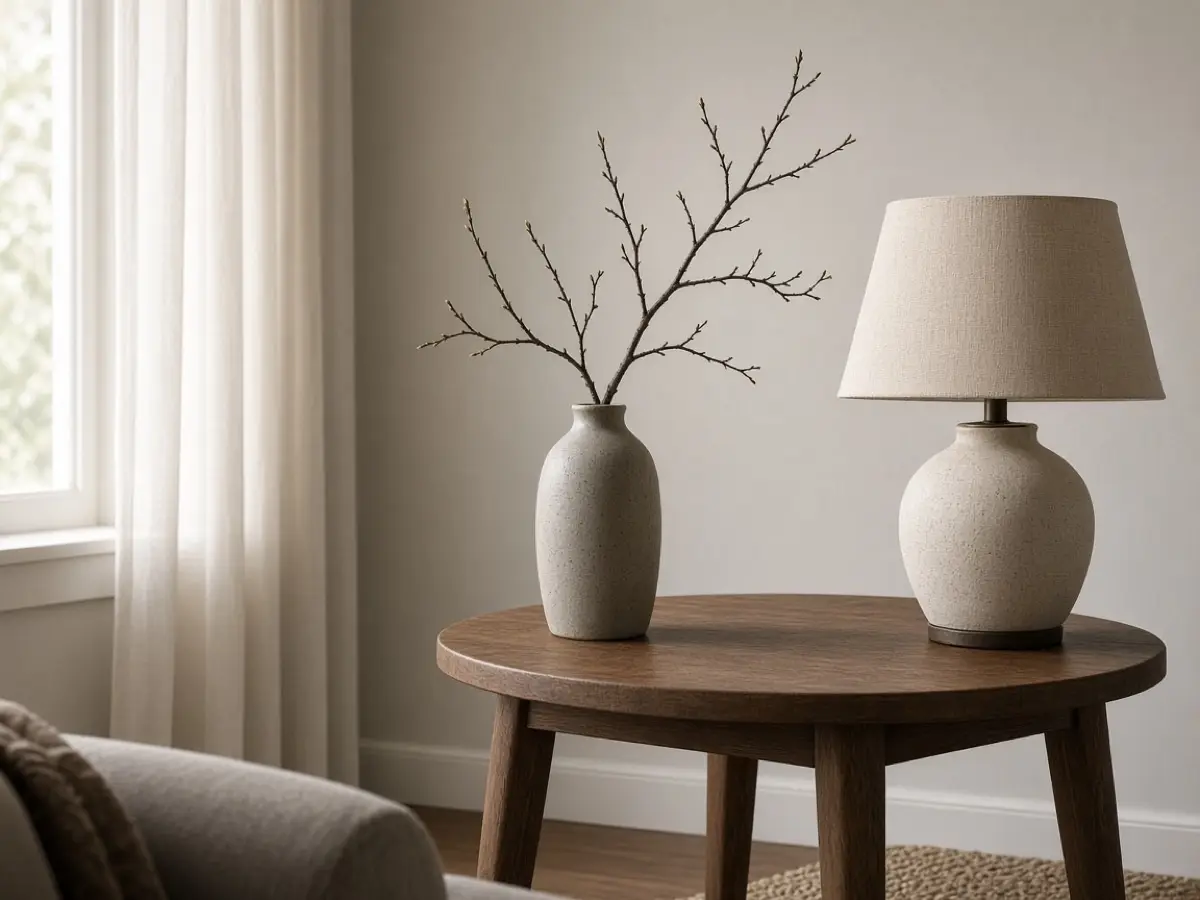 A single bare branch in a ceramic vase on a wood side table