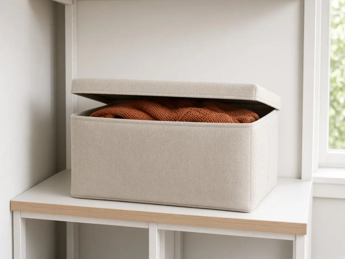 One labeled lidded bin on a closet shelf holding a folded throw